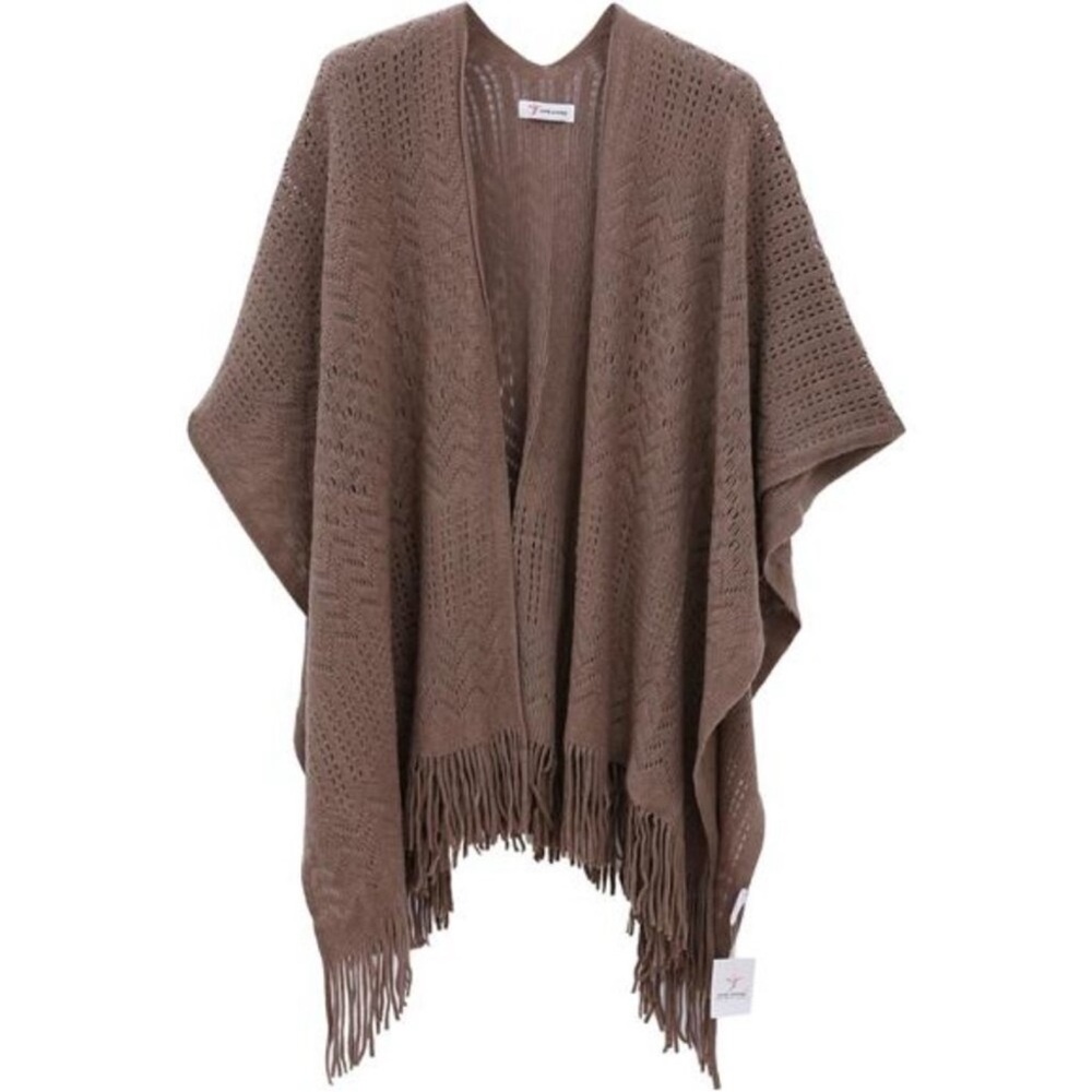Knit Shawl Wrap - Fringe Poncho Cardigan Cape Brown - Picture 7 of 8
